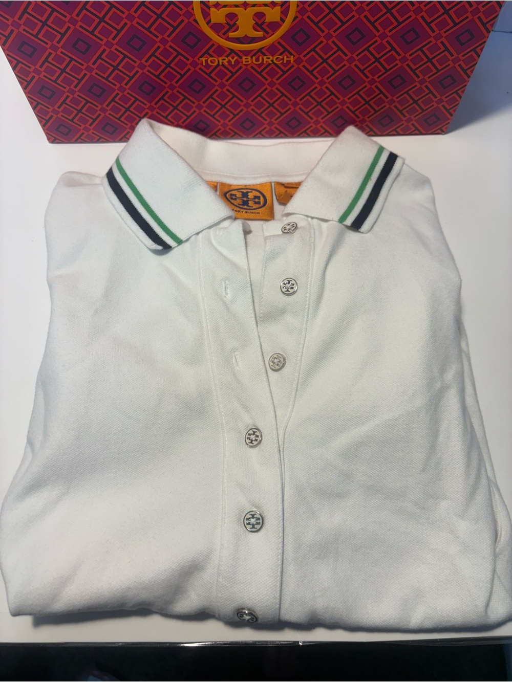 Tory Burch White Polo with Green & Navy Trim